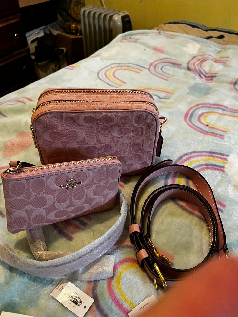 Coach Pink Signature Denim Carey Mini Bag And Wristlet - Picture 2 of 16
